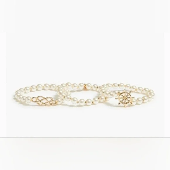J. Crew Pearl Bracelet Set‎ Nautical Charm Gold Tone Elegant Jewelry - Picture 2 of 6